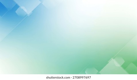 A clean abstract background featuring a diagonal gradient transitioning from blue to green, accented with faint geometric squares and hexagons around a central white copy space.