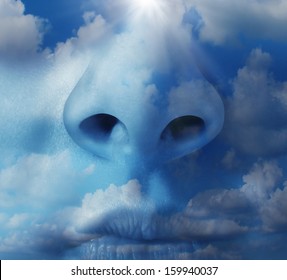Clean air environment concept as a human nose with a blue sky texture as a symbol of respiratory illnesses and environmental health  concerns in regards to airborne pollution and greenhouse gases.