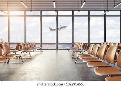 Clean airport waiting area interior with seats and windows with landscape view. Travel and lifestyle concept. 3D Rendering 