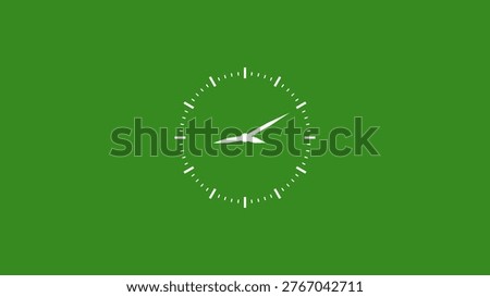 Clean animation of a white clock face with detailed minute and hour markings, featuring rotating hands against a vivid chroma key green screen, suitable for various productions image.