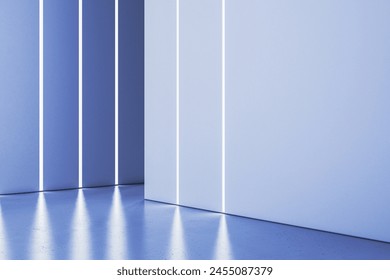 Clean blue interior with light reflections on floor and mock up place. Gallery concept. 3D Rendering