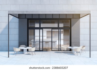 Clean cafe entrance with tables, chairs and shadows. Coffee shop and restaurant exterior. 3D Rendering - Powered by Shutterstock