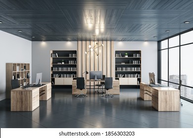 Clean Ceo Room With Shelf With Books And City View. Workplace And Company Concept. 3D Rendering