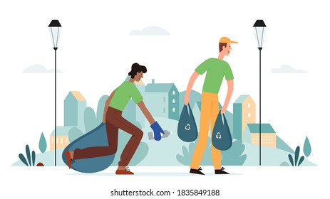 Clean city illustration. Cartoon flat happy man cleaner characters working in urban cityscape, keep cleanliness of city environment and pick up litter trash garbage in bag isolated on white - Powered by Shutterstock