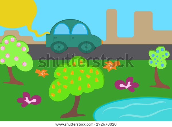 Clean city\
scene in cartoon style - car fill with sun energy on the road\
between building silhouettes and fruit\
garden