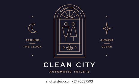 Clean City WC Label. Minimalist line art logo template. Simple modern design line graphic toilet restroom wc bathroom badge. Symbol line icon toilet restroom wc bathroom sign. Illustration - Powered by Shutterstock