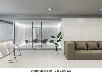 Clean Concrete And Glass Office Interior. Commercial Workplace, Law And Legal Concept. 3D Rendering