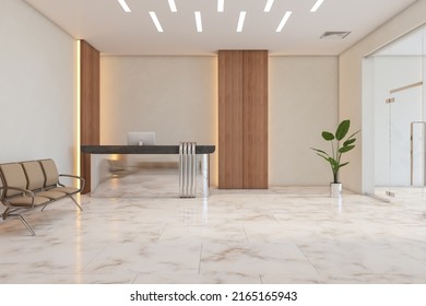 Clean concrete, wooden and marble office lobby interior with shiny reception desk, seat and other objects. 3D Rendering