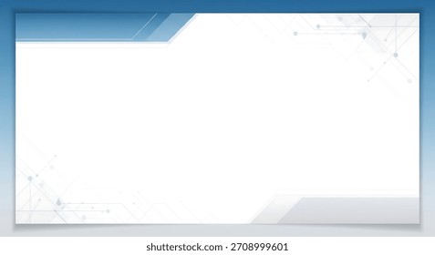A clean corporate background template featuring a blue geometric header, subtle grey footer, and faint technology network lines surrounding a large white central area for text.