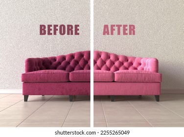 Clean and dirty sofa before and after, Cleaning service clean pink soft sofa with professional equipment. Sofa before and after dry-cleaning in room. 3d render illustration. Cleaning service idea. - Powered by Shutterstock