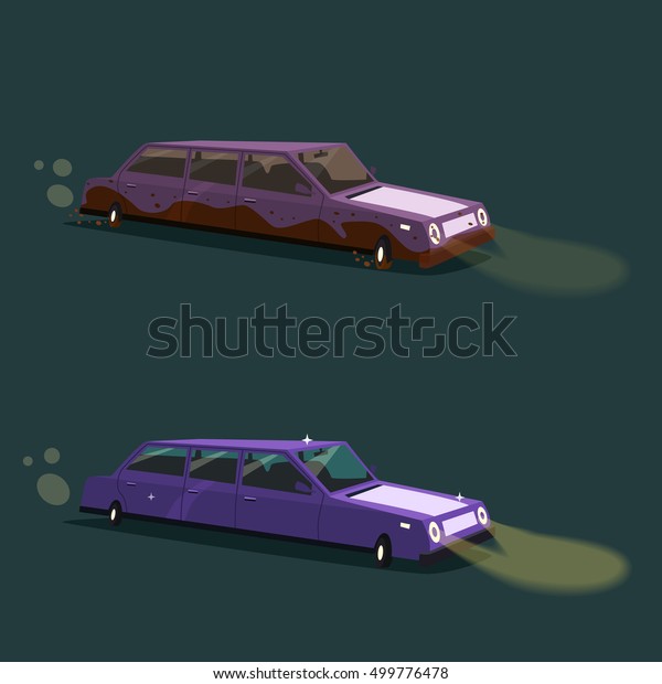 Clean and dirty
vintage american limousine. Cartoon illustration. Car isolated.
Design element.
Carwash.