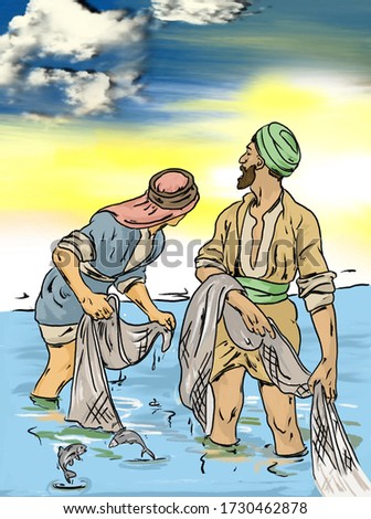 Clean disciples Jesus at the fishnet
