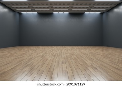 Clean Empty Dark Black Wall Gallery Interior With Mock Up Place And Reflections On Wooden Parquet Flooring. Art, No People, Museum And Exhibition Concept. 3D Rendering