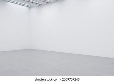 Clean Empty White Concrete Gallery Interior With Mock Up Place On Wall. Art, No People, Museum And Exhibition Concept. 3D Rendering