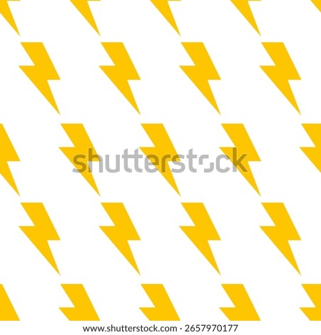 A clean and energetic seamless pattern of vivid yellow lightning bolts arranged on a crisp white backdrop, suggesting speed and electrical power.