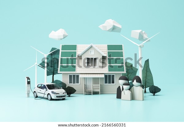 Clean energy concept on World Environment Day\
or International Day. White house on the roof with solar cells In a\
natural forest surrounded by trees and windmills and electric EV\
cars 3d rendering.