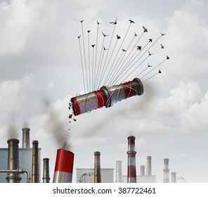 Clean The Environment And Emmission Control Environmental Concept As A Group Of Birds Lifting Up An Industrial Smoke Stack With Dirty Soot Smoke As A Global Climate Change Symbol Of Cleaning The Air.