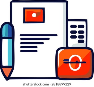Clean flat vector illustration featuring a business document,pen, USB flash drive, and email application icon