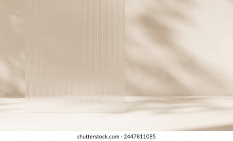 Clean fluted reeded glass in dappled sunlight, tree leaf shadow on white floor for modern, elegant, luxury fashion, beauty, cosmetic, skincare, body care, product background 3D - Powered by Shutterstock - Get 15% off with code: PIKWIZARD15