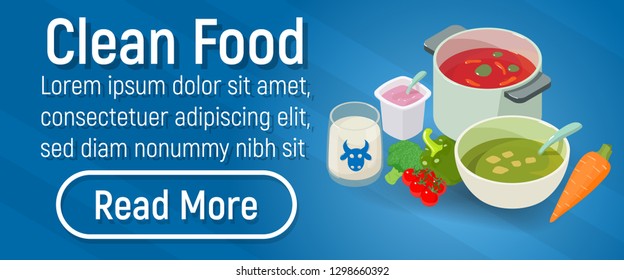 Clean Food Concept Banner. Isometric Banner Of Clean Food Concept For Web, Giftcard And Postcard