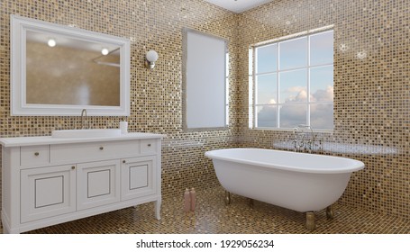 Clean And Fresh Bathroom With Natural Light. 3D Rendering.. Empty Paintings