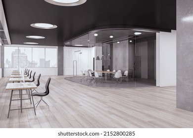 Clean Glass Coworking Office Interior With Wooden Flooring. Meeting Room And Hallway Concept. 3D Rendering