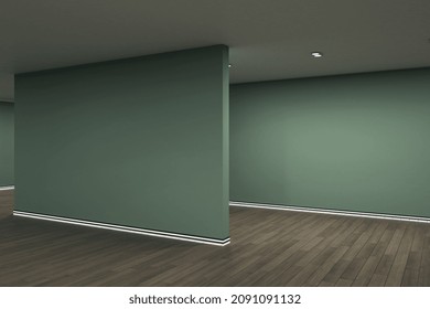 Clean Gray Gallery Interior With Blank Mock Up Place On Wall And Reflections On Wooden Flooring. Art, No People, Museum And Exhibition Concept. 3D Rendering