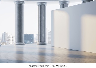 Clean interior space with tall classical columns, blank white wall, and cityscape view in background. Perfect for branding or design mockup. 3D Rendering