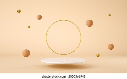 Clean marble platform floating with golden ring and spheres floating, product presentation 3d render