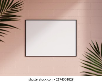 Clean And Minimalist Front View Landscape Black Photo Or Poster Frame Mockup Hanging On The Brick Wall With Blurry Plant. 3d Rendering.