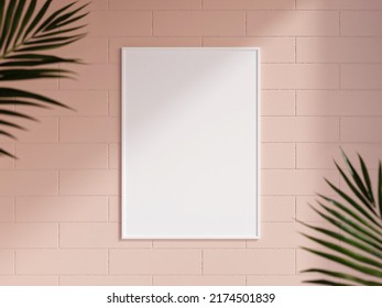 Clean And Minimalist Front View Portrait White Photo Or Poster Frame Mockup Hanging On The Brick Wall With Blurry Plant. 3d Rendering.