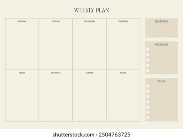 A clean and minimalist weekly planner layout featuring a grid format for productivity, organization, time management, to do list, goals, priorities - Powered by Shutterstock