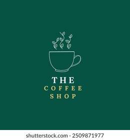 Clean and modern coffee shop logo design featuring a steaming cup with leaf details on a green background. Ideal for branding or promotional materials. - Powered by Shutterstock