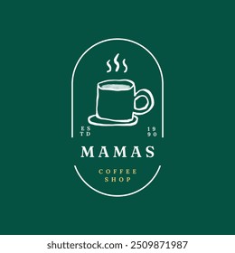 Clean and modern coffee shop logo design featuring a steaming cup with steam details on a green background. Ideal for branding or promotional materials. - Powered by Shutterstock