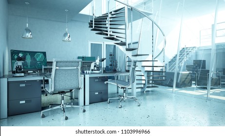 Clean Modern Laboratory Interior, Human Body Studies, Stairs 3D Illustration