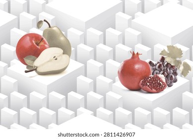 A clean, modern still-life composition featuring assorted fresh fruits displayed on elevated white geometric blocks. On the left, a glossy red apple, a sliced apple revealing its pale interior and seeds, and a golden-green pear are arranged together. On the right, a vibrant red pomegranate, a cut-open pomegranate exposing sparkling ruby seeds, and a cluster of purple grapes with soft green leaves create a balanced composition. The background consists of a repeating pattern of minimalist white rectangular columns at varying heights, producing a striking 3D architectural effect. Soft, diffused lighting enhances the realistic textures of the fruits while maintaining a bright, elegant, and contemporary aesthetic with a monochromatic backdrop that emphasizes freshness, contrast, and visual depth.