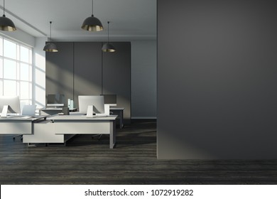 Clean Office Interior With City View, Sunlight, Furniture And Copy Space On Concrete Wall. 3D Rendering 