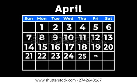 A clean and simple representation of the month of april displayed on a calendar grid with black background.