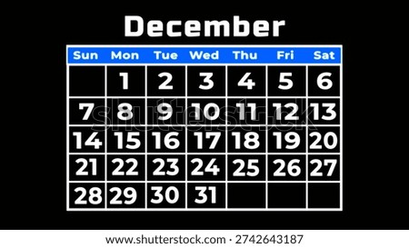 A clean and simple representation of the month of december displayed on a calendar grid with black background.
