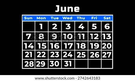 A clean and simple representation of the month of June displayed on a calendar grid with black background.