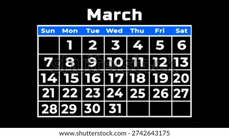 A clean and simple representation of the month of march displayed on a calendar grid with black background.