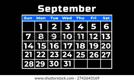 A clean and simple representation of the month of september displayed on a calendar grid with black background.
