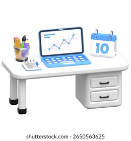 A clean and stylized 3D icon featuring a contemporary desk setup. It includes a laptop displaying an upward trend graph, a calendar indicating the 10th, a memo pad, and a pen holder.