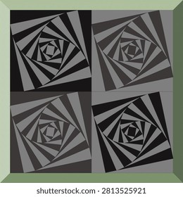 Clean vector illustration featuring four panels of nested rotating square spirals in black, dark gray, and light gray. Each panel uses a different graceless background to enhance depth and create a hypnotic optical illusion. Framed with a soft sage green to olive gradient border for a modern, earthy touch. Perfect for minimalist decor, architectural visualisation, tech branding, posters, and contemporary art prints. Scalable geometric design with balanced contrast.