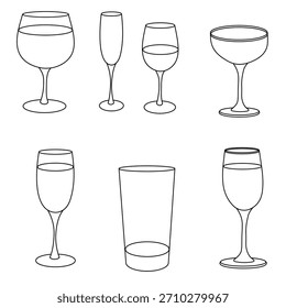 A clean vector illustration set featuring outline drawings of various drink glasses, including wine glasses, champagne flutes, cocktail glasses, and a tall beer or soda glass.