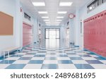 A clean, well-lit school hallway featuring rows of red lockers, checkered blue and white floor tiles, and a clock on the wall. Indoor education setting. Back to school concept. 3d rendering