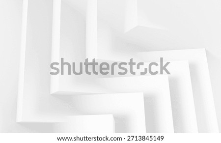 A clean, white abstract composition featuring geometric, stepped forms that create depth and soft shadows. Modern, minimal design ideal as a background or architectural motif. 3d render illustration