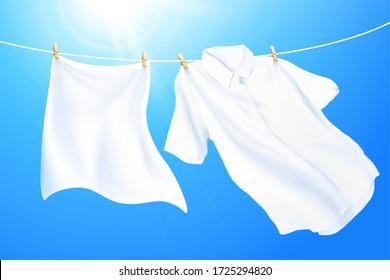 Clean And White Clothes Hanging On Washing Line Against Blue Sky, 3d Illustration
