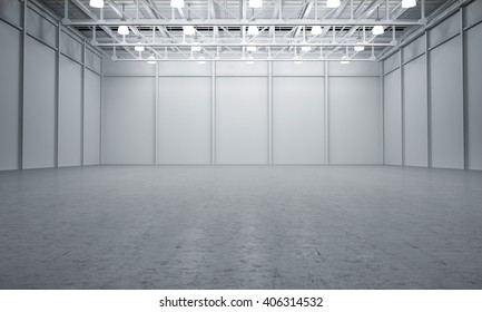Clean White empty warehouse 3D rendering