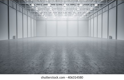 Clean White empty warehouse 3D rendering